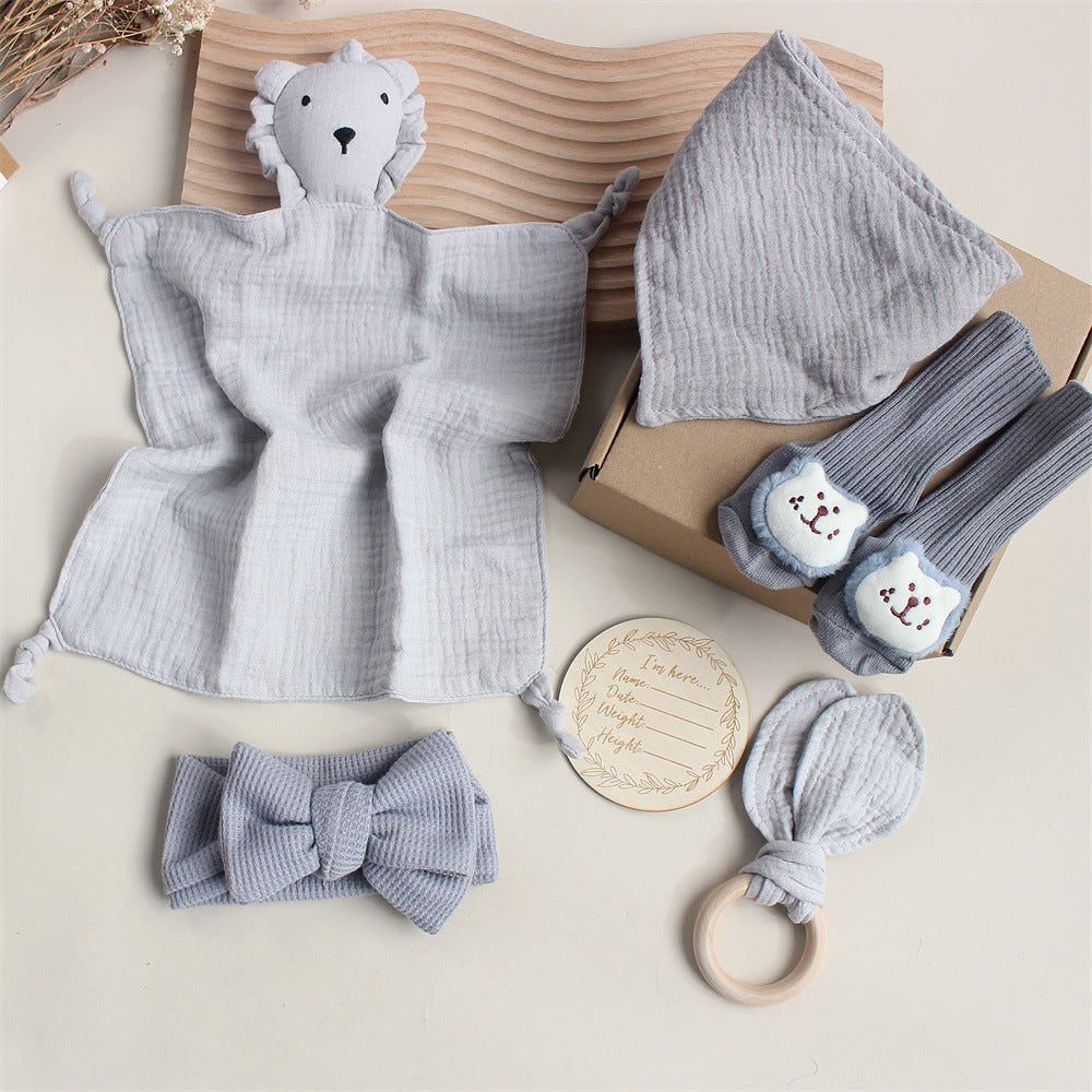 Baby Rabbit Lion Appeasing Towel Socks Saliva Towel Wash Gift Box Newborn Bite Ring Hair Band Set