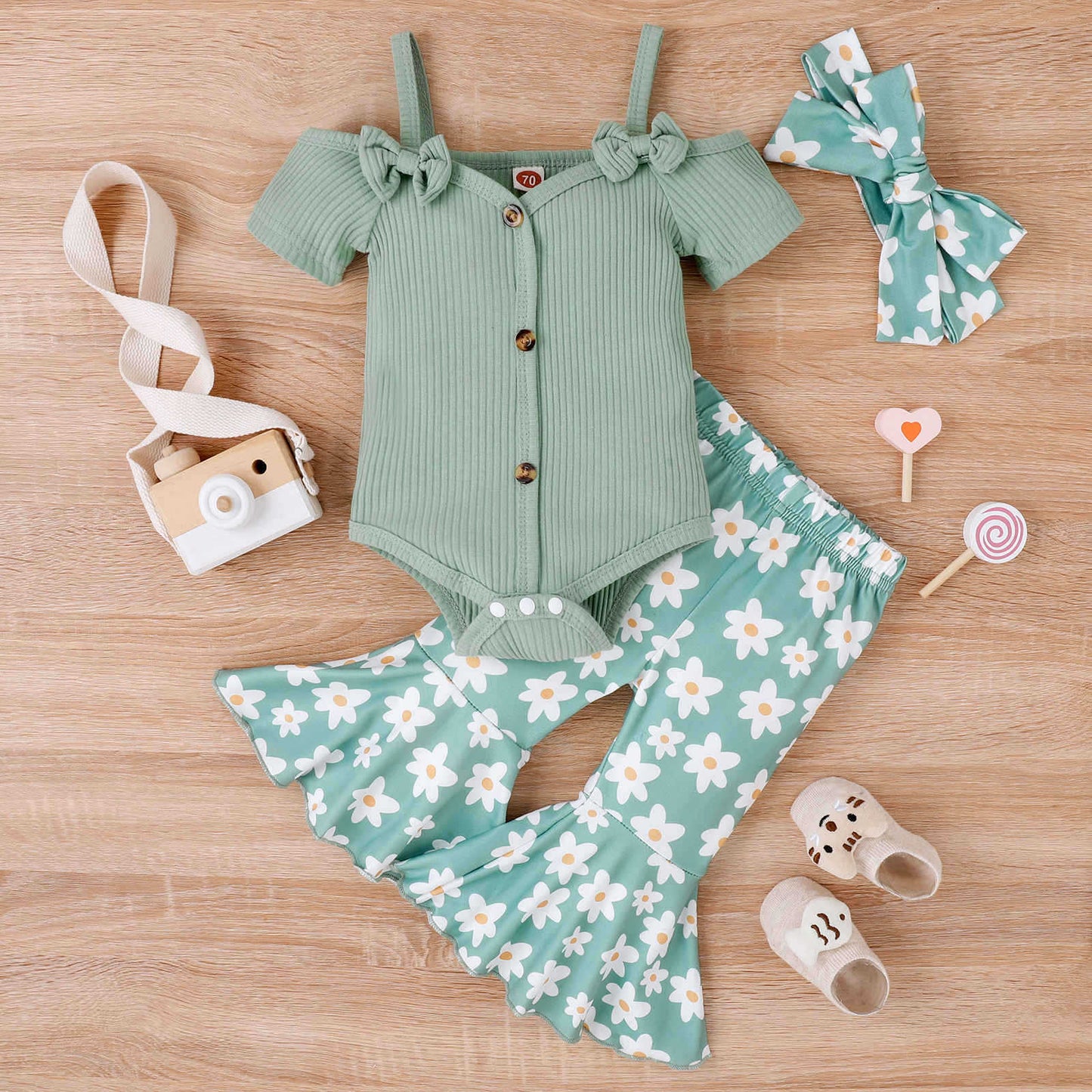 Baby Girl Toddler Summer Bow Suspenders V-neck Short Sleeve Onesie Printed Bell-bottom Pants