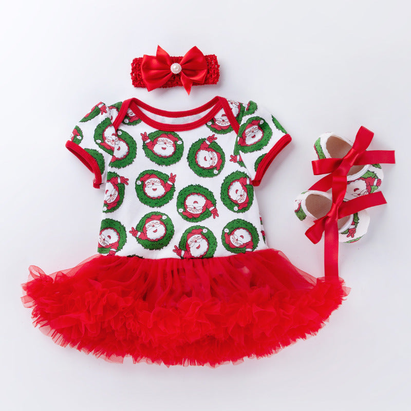 Baby Christmas New Short Sleeve Cartoon Mesh Dress