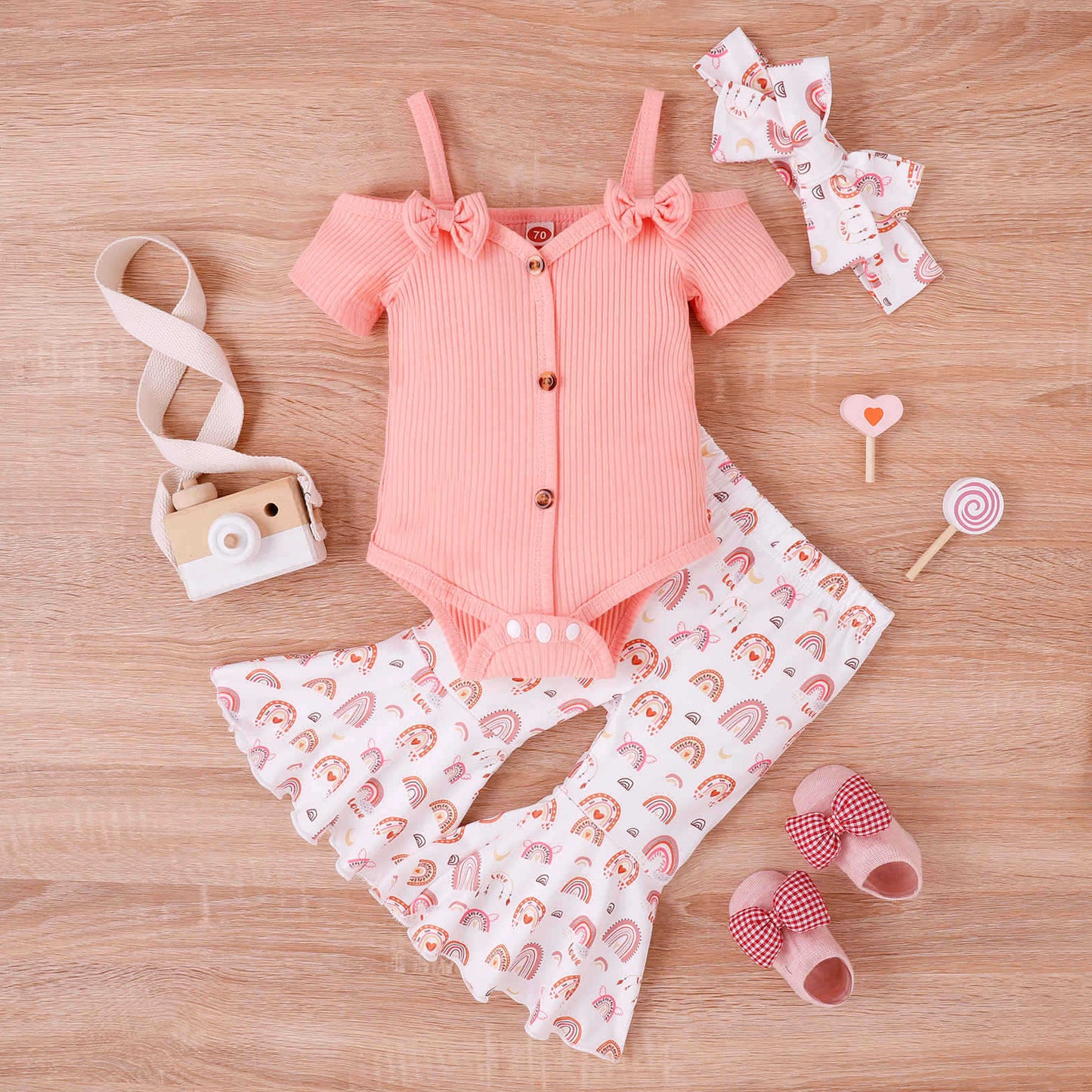 Baby Girl Toddler Summer Bow Suspenders V-neck Short Sleeve Onesie Printed Bell-bottom Pants