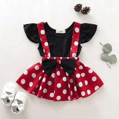 Girls' Summer Solid Color Fly Sleeve Top  Dot Suspender Skirt