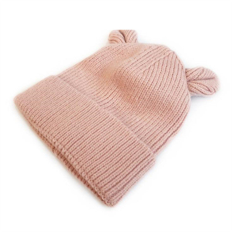 Children's Bear Ears Knitted Cuffed Solid Color Dome Warm Hat