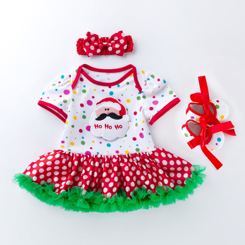 Baby Christmas New Short Sleeve Cartoon Mesh Dress