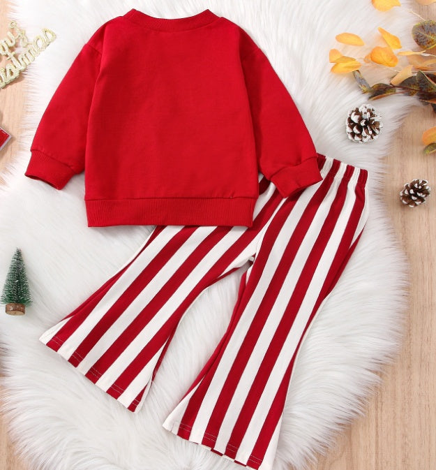 Autumn Suit Little Girl's Long-sleeved Letter Sweater Striped Bell-bottom Pants Two-piece Suit