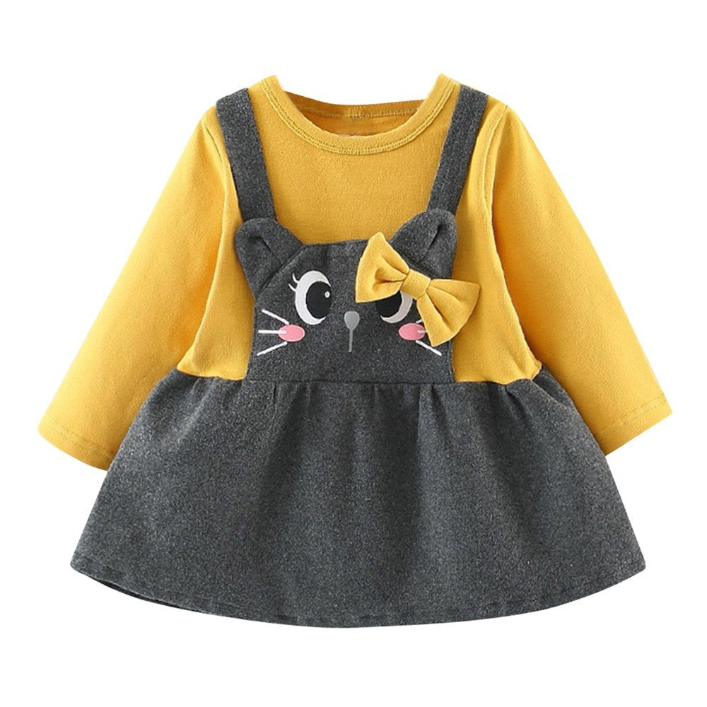 Printed long sleeve cartoon cat face bow baby dress