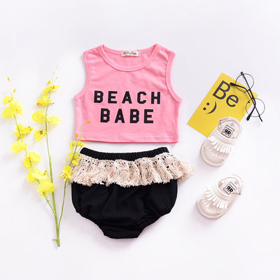 Beach Babe Set  Sleeveless Crop Top T Shirt  Tassels Triangle Shorts Outfit Clothes