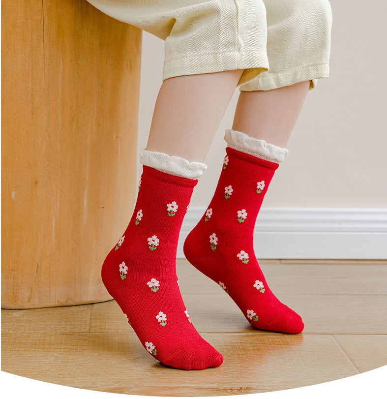 Children's Socks Autumn And Winter Cartoon Forest Red Lace Socks