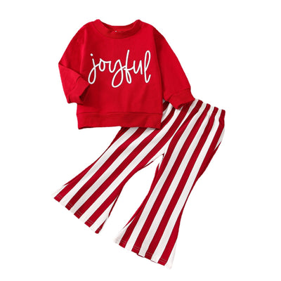 Autumn Suit Little Girl's Long-sleeved Letter Sweater Striped Bell-bottom Pants Two-piece Suit