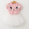 New Girls Kids Cute Child Cat Short Sleeve T-Shirt Butterfly Beaded Puffy Skirt Skirt Set