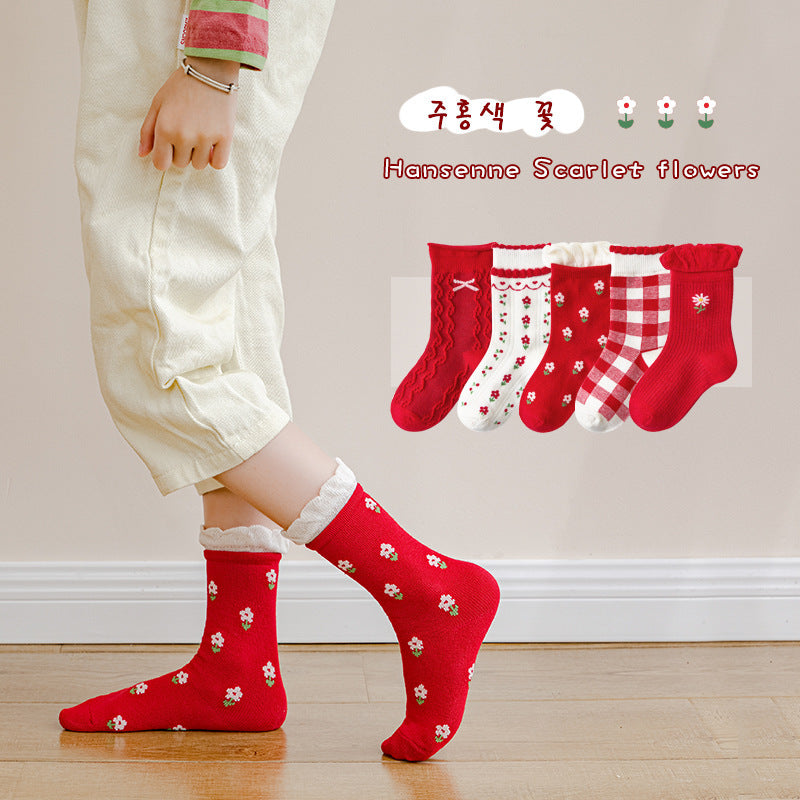 Children's Socks Autumn And Winter Cartoon Forest Red Lace Socks