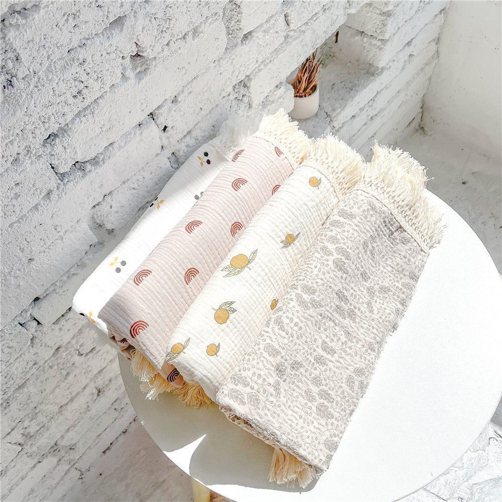 Baby Cotton Crepe Print Fringed Blanket Wrap