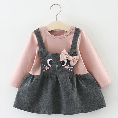 Printed long sleeve cartoon cat face bow baby dress