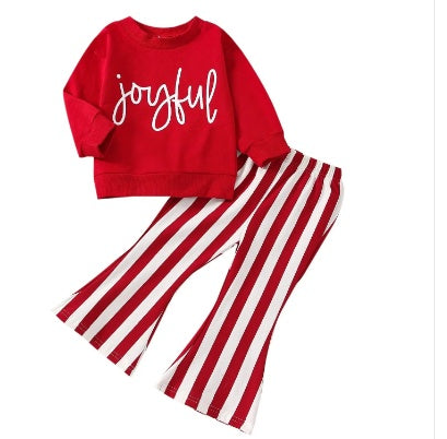 Autumn Suit Little Girl's Long-sleeved Letter Sweater Striped Bell-bottom Pants Two-piece Suit