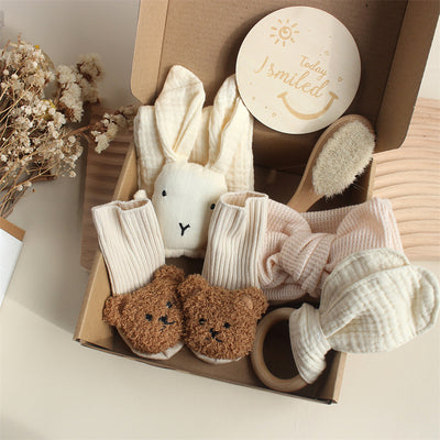 Baby Rabbit Lion Appeasing Towel Socks Saliva Towel Wash Gift Box Newborn Bite Ring Hair Band Set