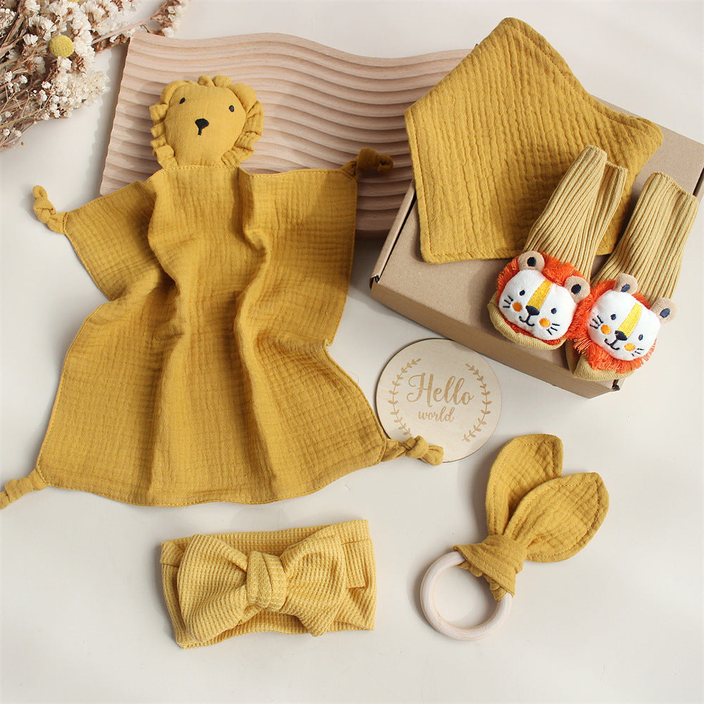 Baby Rabbit Lion Appeasing Towel Socks Saliva Towel Wash Gift Box Newborn Bite Ring Hair Band Set