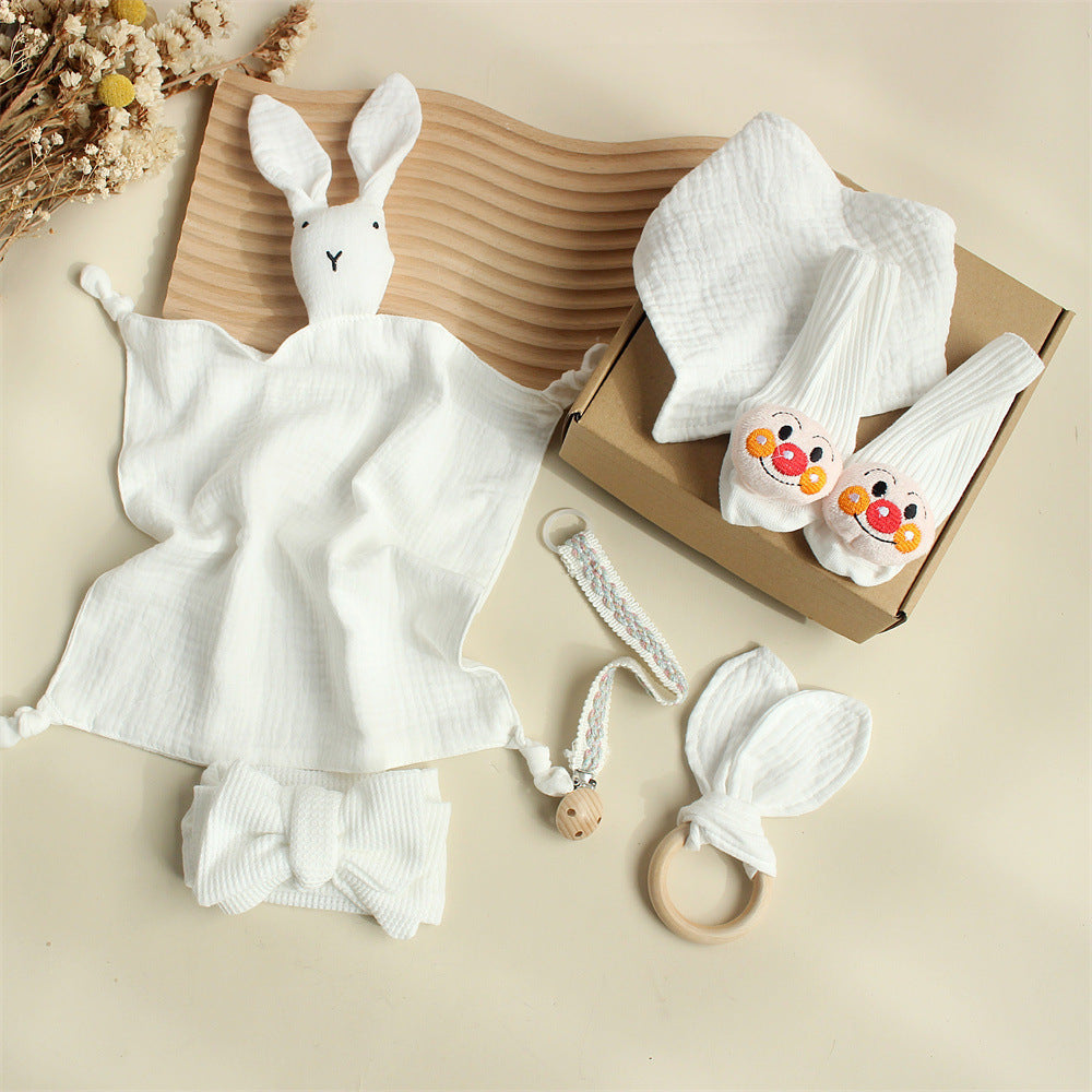 Baby Rabbit Lion Appeasing Towel Socks Saliva Towel Wash Gift Box Newborn Bite Ring Hair Band Set