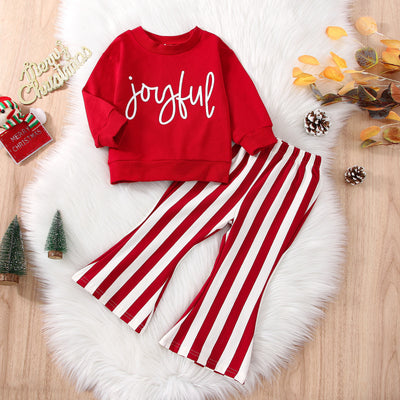 Autumn Suit Little Girl's Long-sleeved Letter Sweater Striped Bell-bottom Pants Two-piece Suit