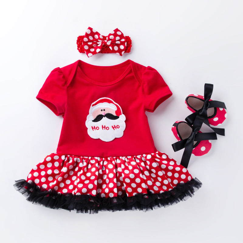 Baby Christmas New Short Sleeve Cartoon Mesh Dress