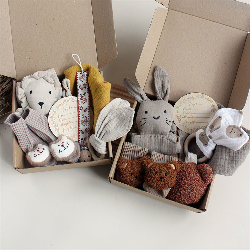 Baby Rabbit Lion Appeasing Towel Socks Saliva Towel Wash Gift Box Newborn Bite Ring Hair Band Set