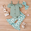 Baby Girl Toddler Summer Bow Suspenders V-neck Short Sleeve Onesie Printed Bell-bottom Pants