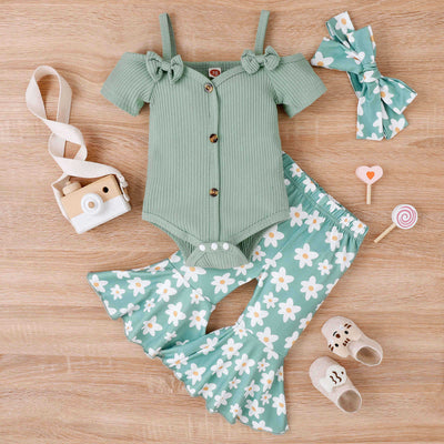 Baby Girl Toddler Summer Bow Suspenders V-neck Short Sleeve Onesie Printed Bell-bottom Pants