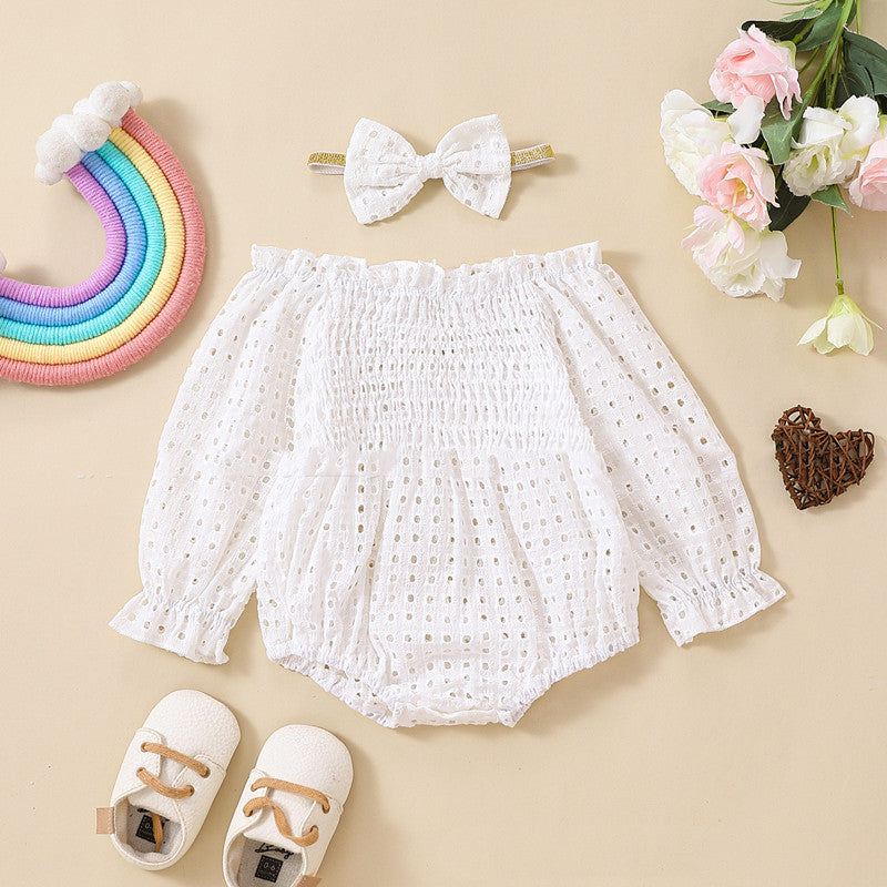 Baby Girl Cotton Mesh Smocking Long Sleeve Off Shoulder Clothing