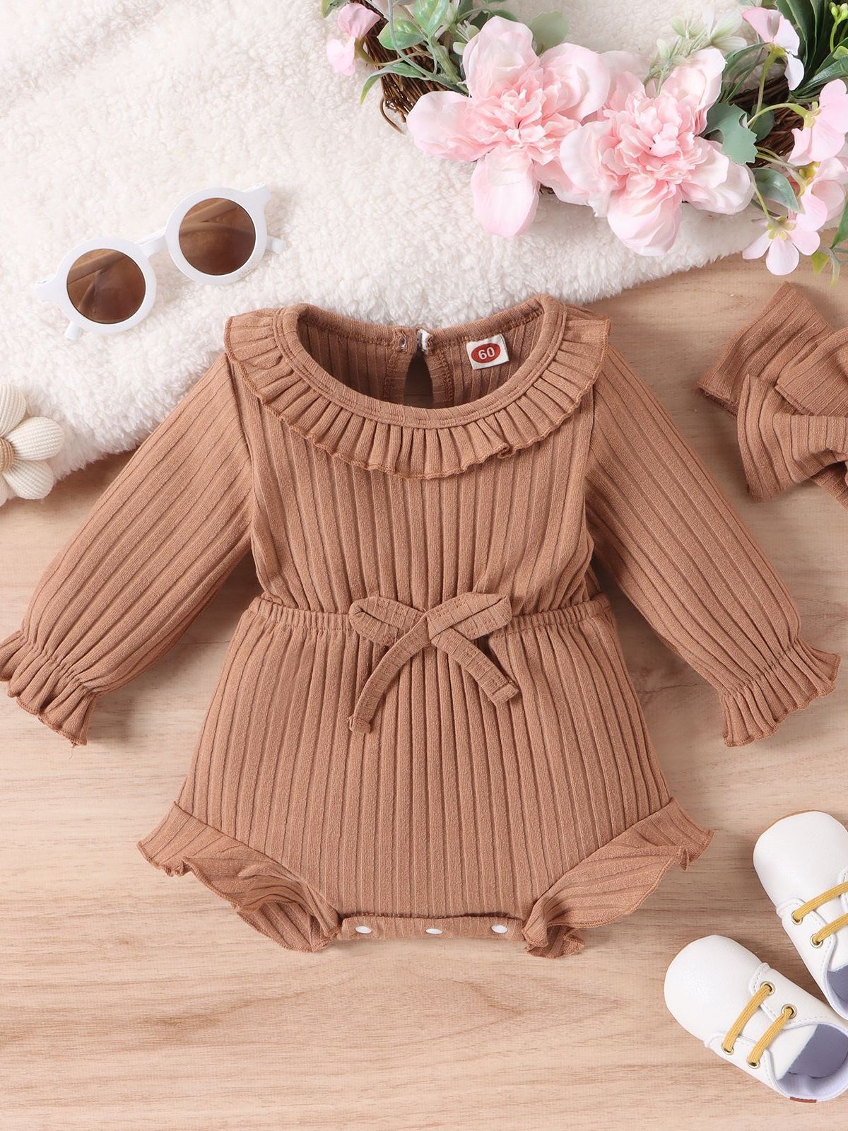 New Children's Clothing Baby Long Sleeve Sunken Stripe Romper Headscarf Female Baby Autumn And Winter Jumpsuit