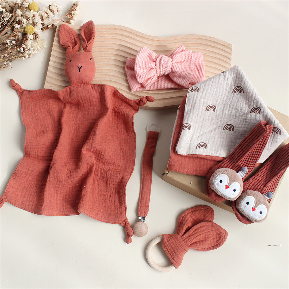 Baby Rabbit Lion Appeasing Towel Socks Saliva Towel Wash Gift Box Newborn Bite Ring Hair Band Set