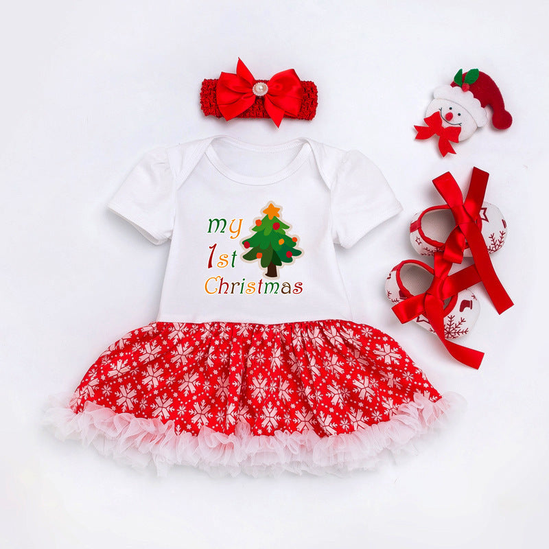 Baby Christmas New Short Sleeve Cartoon Mesh Dress